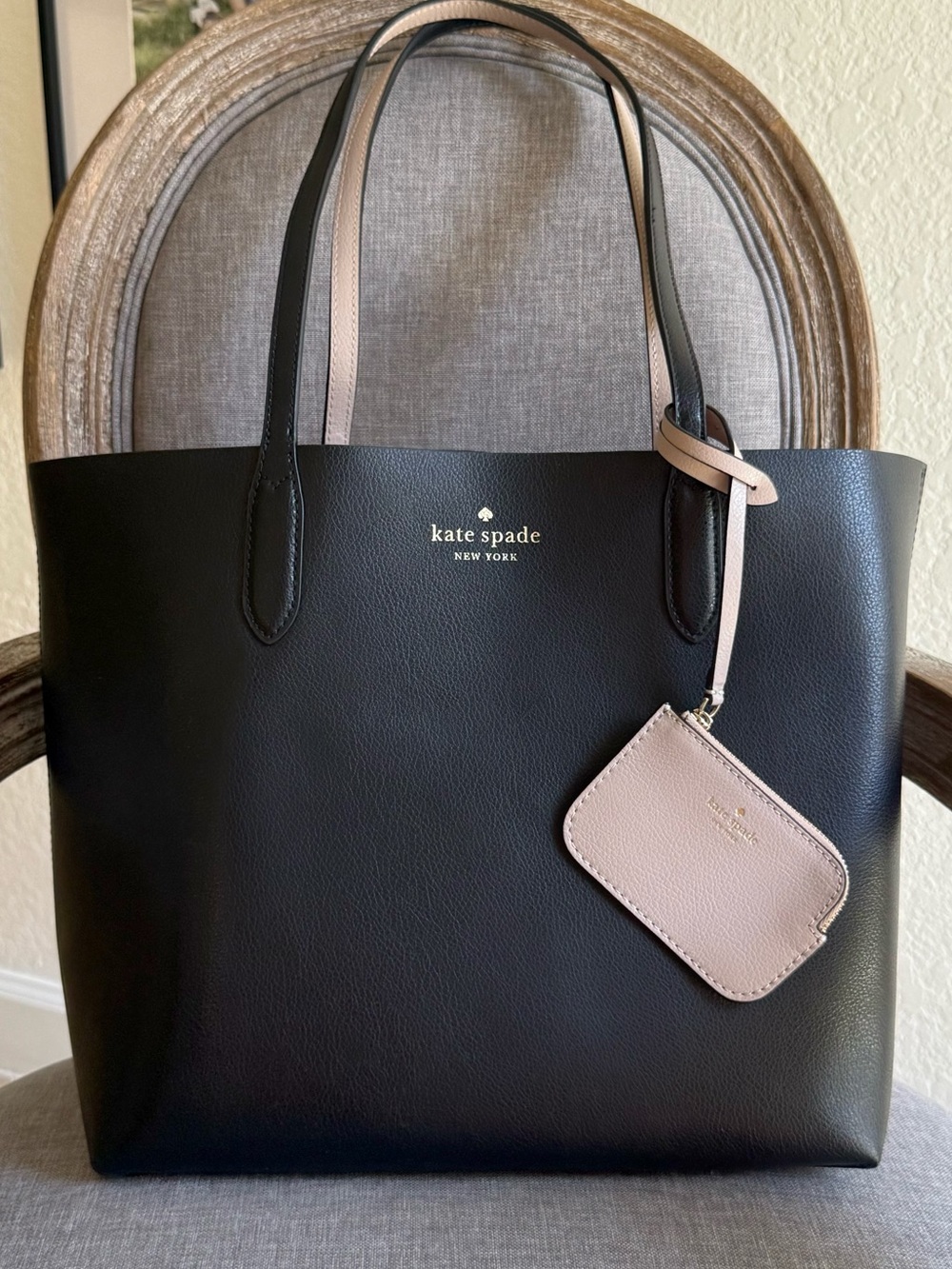 Kate Spade Ava Reversible Black Leather Tote Beige Pouch NWOT K6052 $359 MSRP